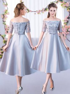 Smart A-line Court Dresses for Sweet 16 Silver Off The Shoulder Satin Half Sleeves Tea Length Lace Up