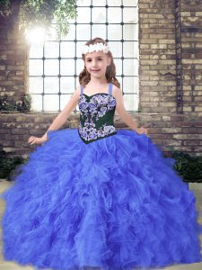 Straps Sleeveless Custom Made Pageant Dress Floor Length Embroidery and Ruffles Blue Tulle