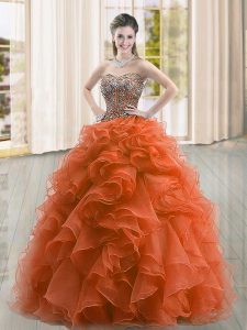Rust Red Sleeveless Organza Lace Up Quinceanera Dress for Military Ball and Sweet 16 and Quinceanera