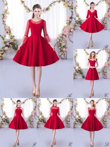 Smart 3 4 Length Sleeve Knee Length Ruching Zipper Court Dresses for Sweet 16 with Red