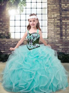 Perfect Sleeveless Tulle Floor Length Lace Up High School Pageant Dress in Aqua Blue with Embroidery and Ruffles