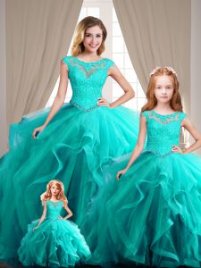 Delicate Ball Gowns Quinceanera Gown Aqua Blue Scoop Cap Sleeves Lace Up