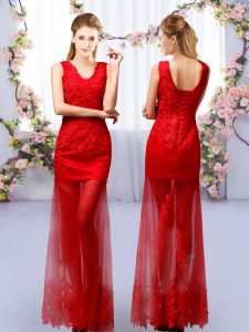Noble Floor Length Lace Up Quinceanera Court Dresses Red for Prom and Party and Wedding Party with Lace