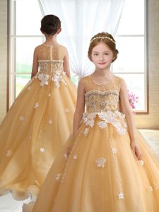 Gold Little Girl Pageant Gowns Organza Brush Train Sleeveless Beading and Appliques