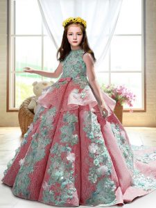 Sleeveless Court Train Backless Appliques Pageant Dress for Girls