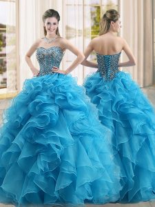 Baby Blue Ball Gowns Organza Sweetheart Sleeveless Beading and Ruffles Floor Length Lace Up 15th Birthday Dress