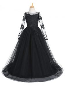 Long Sleeves Tulle Brush Train Clasp Handle Evening Gowns in Black with Lace