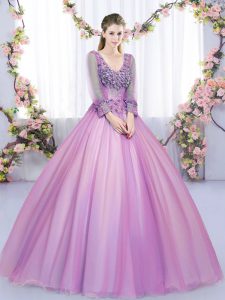 Best Selling Lilac Lace Up V-neck Lace and Appliques Quince Ball Gowns Tulle Long Sleeves