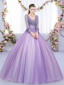 Lavender Ball Gowns Tulle V-neck Long Sleeves Lace and Appliques Floor Length Zipper Quinceanera Dresses