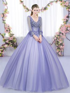 Hot Sale Long Sleeves Tulle Floor Length Lace Up Quinceanera Gown in Lavender with Lace and Appliques