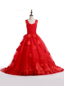 Amazing Red A-line Tulle Straps Sleeveless Appliques Lace Up Pageant Dress Wholesale Brush Train