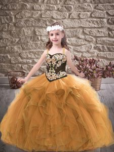 Sleeveless Tulle Floor Length Lace Up Pageant Dress for Girls in Gold with Embroidery and Ruffles