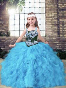 Sleeveless Lace Up Floor Length Embroidery and Ruffles Pageant Dress for Girls