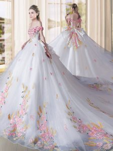Inexpensive Lace Up 15 Quinceanera Dress White for Military Ball and Sweet 16 and Quinceanera with Appliques Cathedral Train