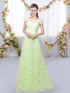 Floor Length Yellow Green Damas Dress Off The Shoulder Cap Sleeves Lace Up
