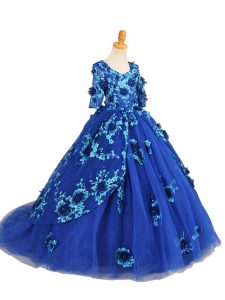 Blue Half Sleeves Beading and Appliques Zipper Evening Gowns