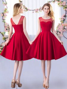 Fashionable Red A-line Satin Scoop Sleeveless Ruching Knee Length Zipper Quinceanera Court Dresses
