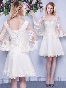 Flirting Scoop White Tulle Lace Up Court Dresses for Sweet 16 3 4 Length Sleeve Knee Length Lace
