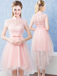 A-line Dama Dress Baby Pink High-neck Tulle Short Sleeves High Low Zipper