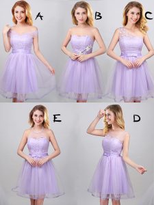 Lavender Off The Shoulder Lace Up Lace and Appliques and Belt Dama Dress for Quinceanera Sleeveless