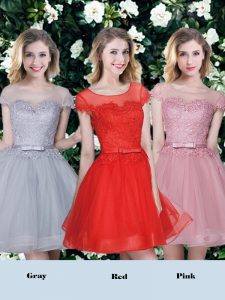 Decent Scoop Short Sleeves Tulle Quinceanera Court Dresses Appliques and Belt Lace Up