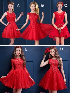 Pretty Scoop Red Sleeveless Lace and Appliques Mini Length Damas Dress