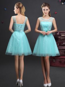 Fantastic Scoop Tulle Sleeveless Mini Length Quinceanera Court of Honor Dress and Beading and Lace and Appliques and Belt