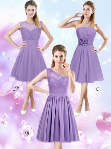 New Arrival Scoop Lavender Zipper Vestidos de Damas Lace and Ruching and Hand Made Flower Sleeveless Knee Length