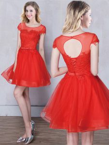 Scoop Red Short Sleeves Tulle Lace Up Court Dresses for Sweet 16 for Prom and Party and Wedding Party