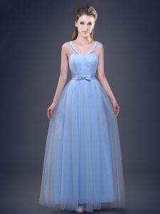 Sophisticated Floor Length Light Blue Court Dresses for Sweet 16 V-neck Sleeveless Lace Up