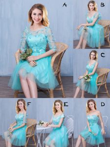 Aqua Blue Empire Tulle Scoop Sleeveless Lace and Appliques and Bowknot Knee Length Lace Up Dama Dress for Quinceanera