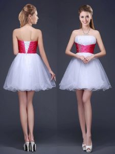Fashionable Mini Length Lace Up Court Dresses for Sweet 16 White for Prom and Party with Beading and Ruching and Belt