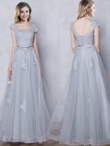 Excellent Grey Lace Up Scoop Lace and Appliques and Belt Vestidos de Damas Tulle Cap Sleeves