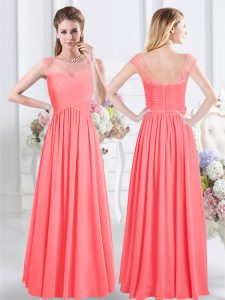 Watermelon Red Empire Scoop Cap Sleeves Chiffon Floor Length Zipper Lace and Ruching Quinceanera Dama Dress