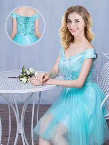 Glittering Aqua Blue Empire Off The Shoulder Cap Sleeves Tulle Knee Length Lace Up Lace and Appliques and Bowknot Court Dresses for Sweet 16