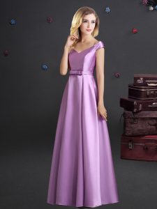 Off the Shoulder Cap Sleeves Floor Length Bowknot Zipper Damas Dress with Lilac