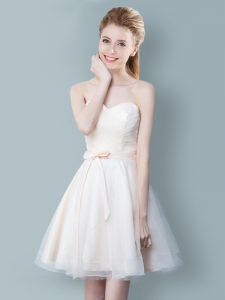 Champagne Tulle Zipper Sweetheart Sleeveless Knee Length Court Dresses for Sweet 16 Ruching and Bowknot