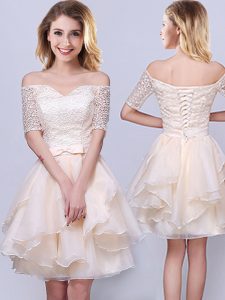 Shining Off the Shoulder Champagne Short Sleeves Lace and Ruffles and Belt Mini Length Court Dresses for Sweet 16