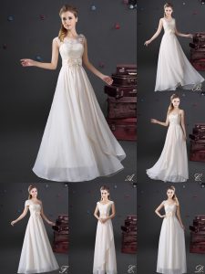 Luxurious Floor Length Zipper Quinceanera Court Dresses White for Prom and Party and Wedding Party with Lace and Appliques and Bowknot