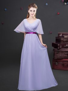 Decent Lavender V-neck Neckline Ruching and Belt Dama Dress Half Sleeves Zipper