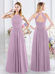 Hot Sale Halter Top Ruching Dama Dress Lavender Zipper Sleeveless Floor Length