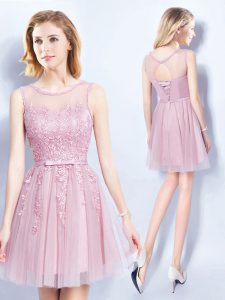 Great Scoop Pink Empire Appliques and Belt Court Dresses for Sweet 16 Lace Up Tulle Sleeveless Mini Length