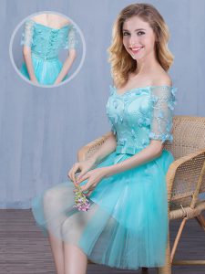 Off the Shoulder Aqua Blue Short Sleeves Lace and Appliques and Bowknot Knee Length Dama Dress for Quinceanera