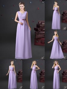 Chiffon V-neck Sleeveless Lace Up Lace and Appliques and Belt Quinceanera Court of Honor Dress in Lavender