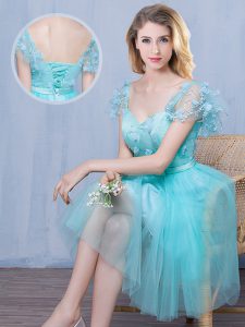 Modern Sweetheart Short Sleeves Court Dresses for Sweet 16 Knee Length Lace and Appliques and Bowknot Aqua Blue Tulle