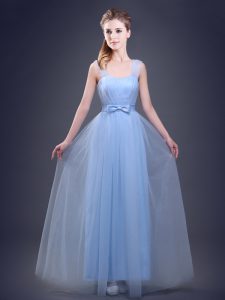 Light Blue Straps Neckline Ruching and Bowknot Dama Dress for Quinceanera Sleeveless Lace Up