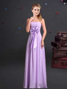 Glamorous Floor Length Lavender Court Dresses for Sweet 16 Strapless Sleeveless Zipper