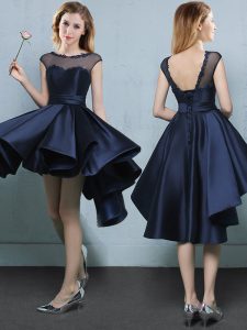 Fine High Low A-line Cap Sleeves Navy Blue Court Dresses for Sweet 16 Lace Up