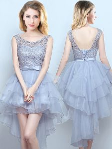 Scoop Grey Lace Up Court Dresses for Sweet 16 Lace and Ruffles and Belt Sleeveless High Low