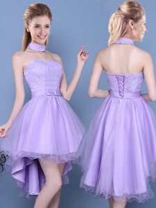 Taffeta and Tulle Sweetheart Sleeveless Lace Up Lace and Bowknot Damas Dress in Lavender